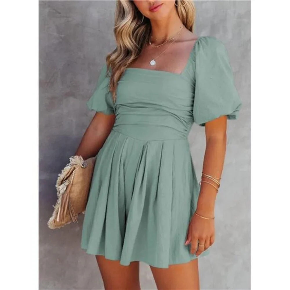 Women's Romper Cute Puff Sleeve Elastic Summer Mini Short Romper Jumpsuit - Picture 2 of 6